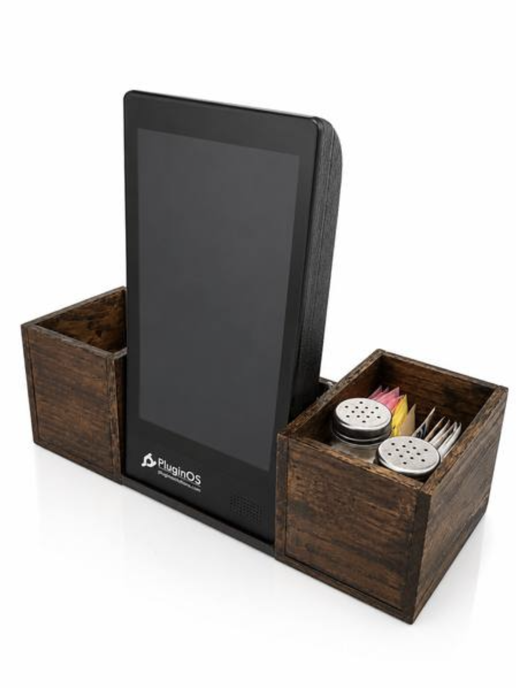 Plugin bar and table caddy with digital table tent